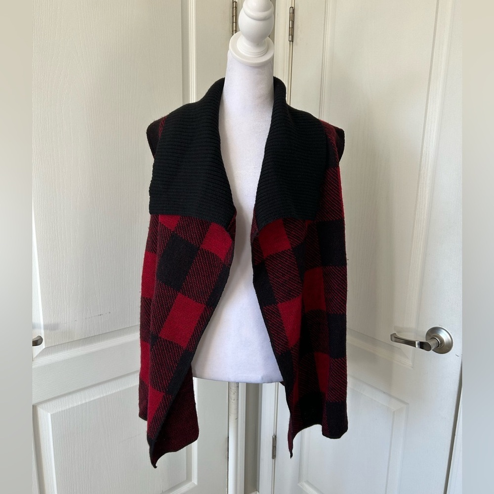 Katie Todd 100% Wool Buffalo Plaid Cardigan Open Front Red Black Cozy Rustic​​​